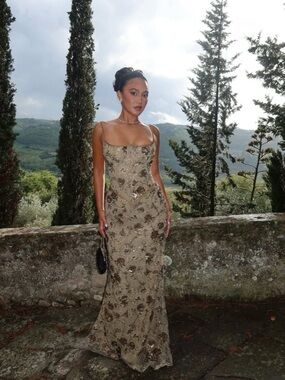 House of CB Naima Olive Bronze Hand Beaded Embellished Corset Maxi Dress NWOT